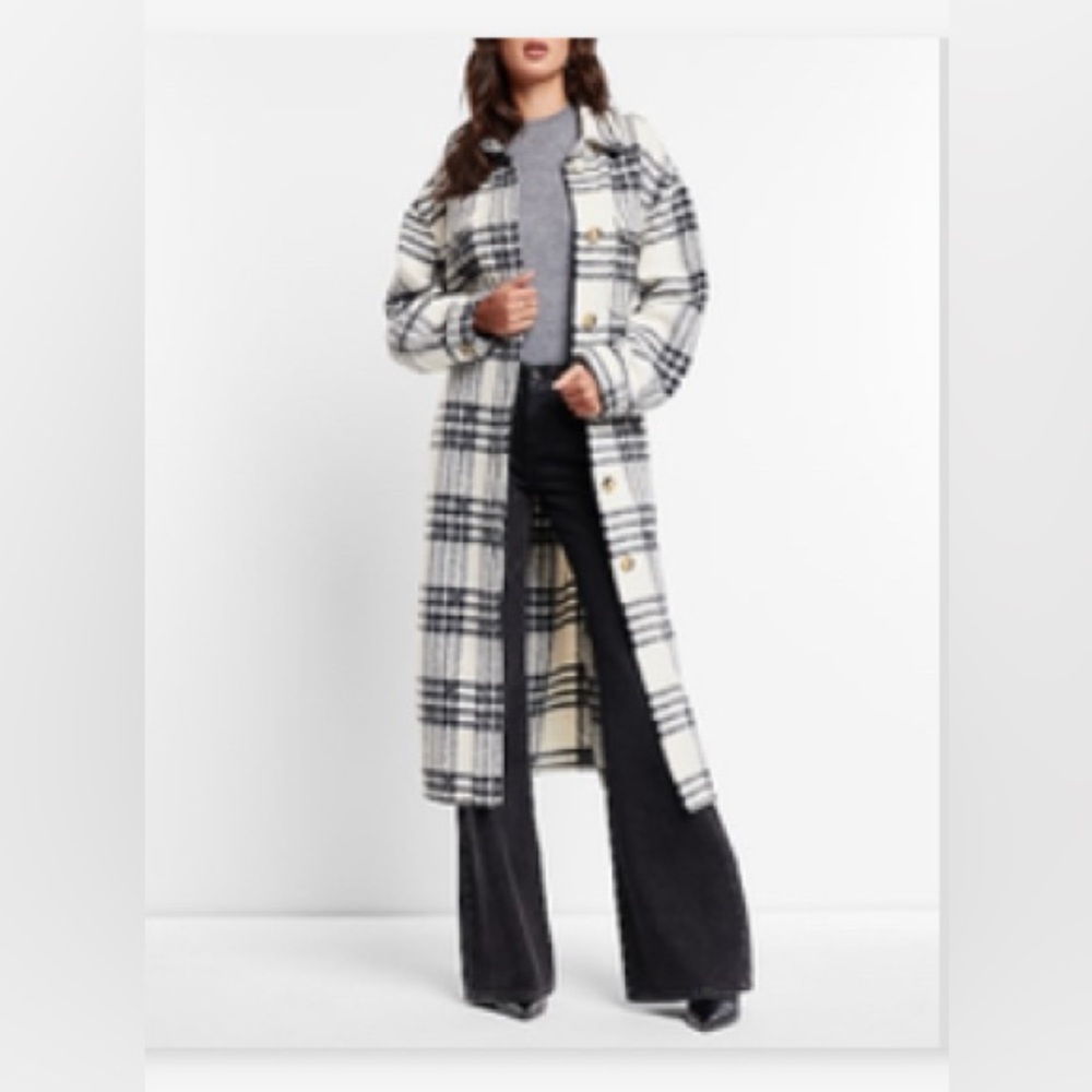 Express Black & White Plaid Tie Waist Shacket Jacket Medium